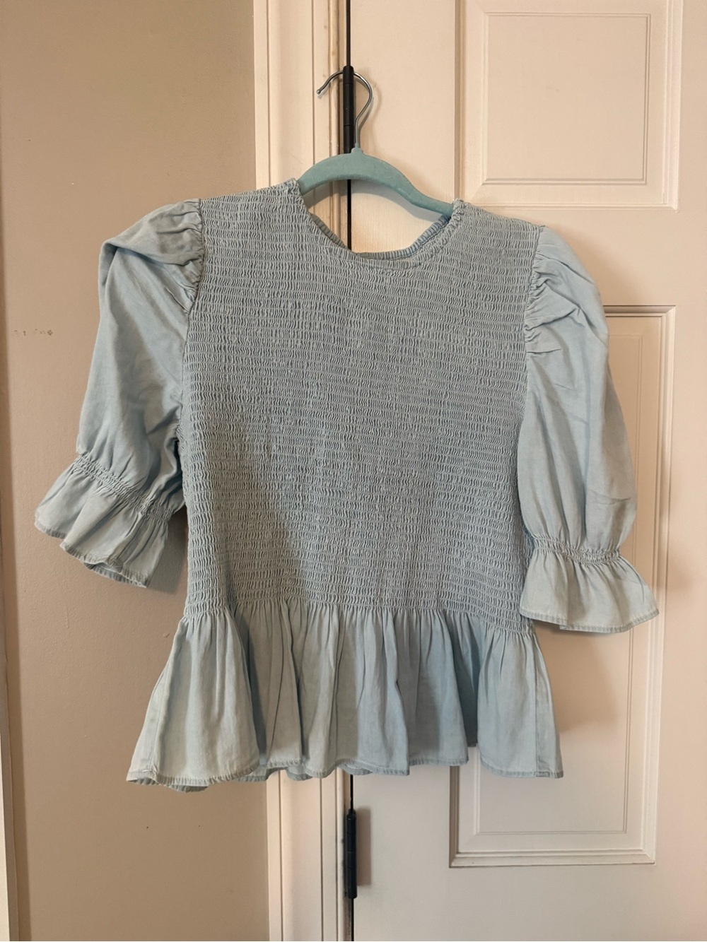 Light Blue Smocked Peplum Top - Women
